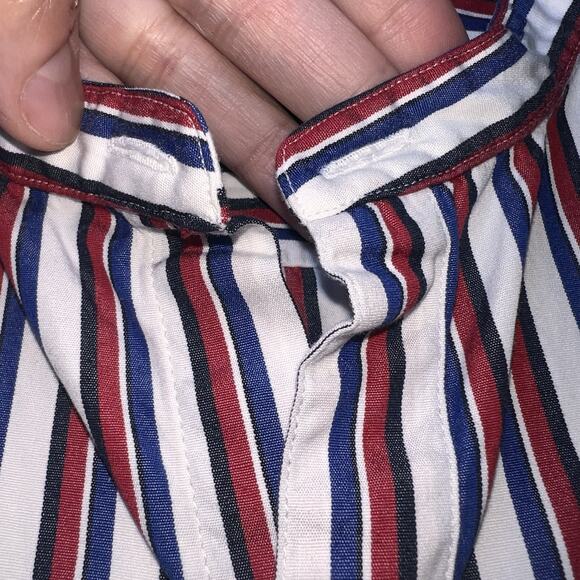 J Peterman Shirt Men's Size S Blue Red White Striped No Collar Button Down LS - Picture 5 of 12